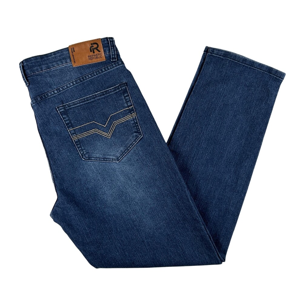 Refinery Republic Jeans Mens 38x32 Medium Wash Blue Straight Stretch Zip Fly